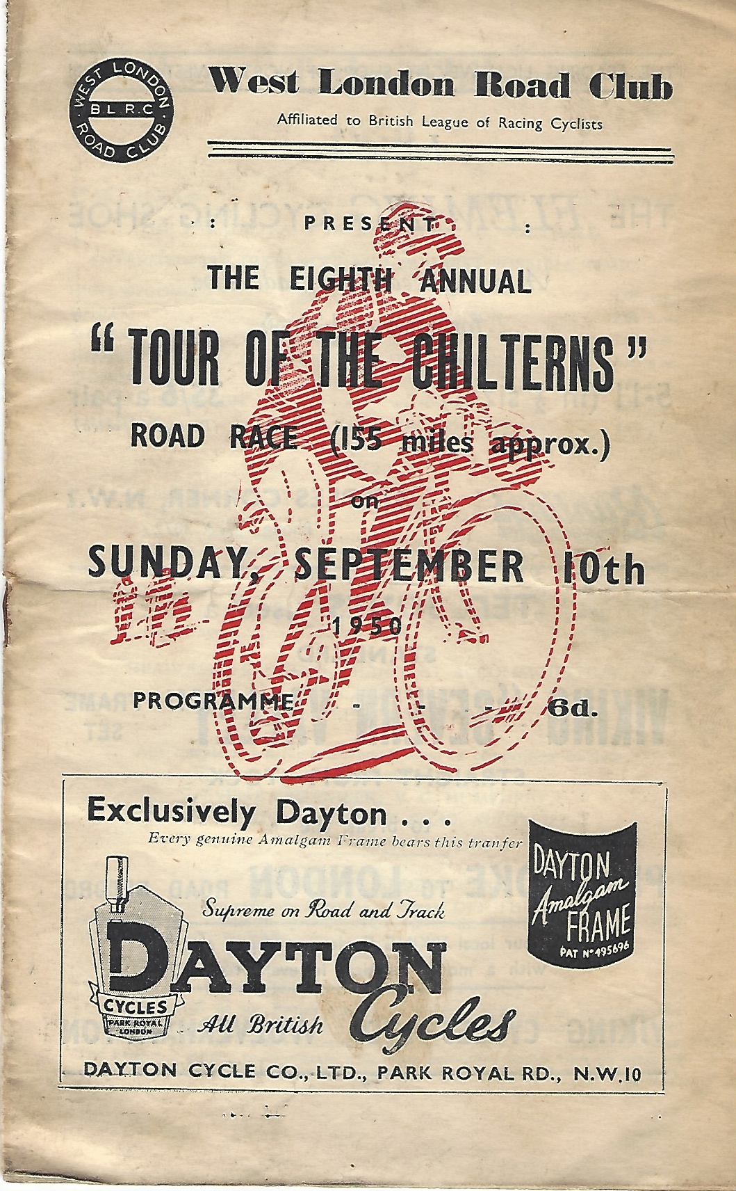 Image for Eigth Annual Tour of the Chilterns on Sunday 10th September 1950 Bicycle Race Programme